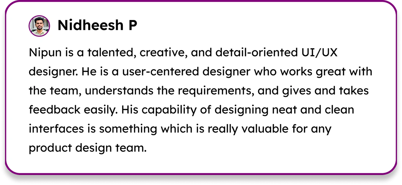 Testimonial from Nidheesh P